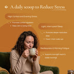Woman drinking from a mug on a couch with text about stress relief and product benefits.