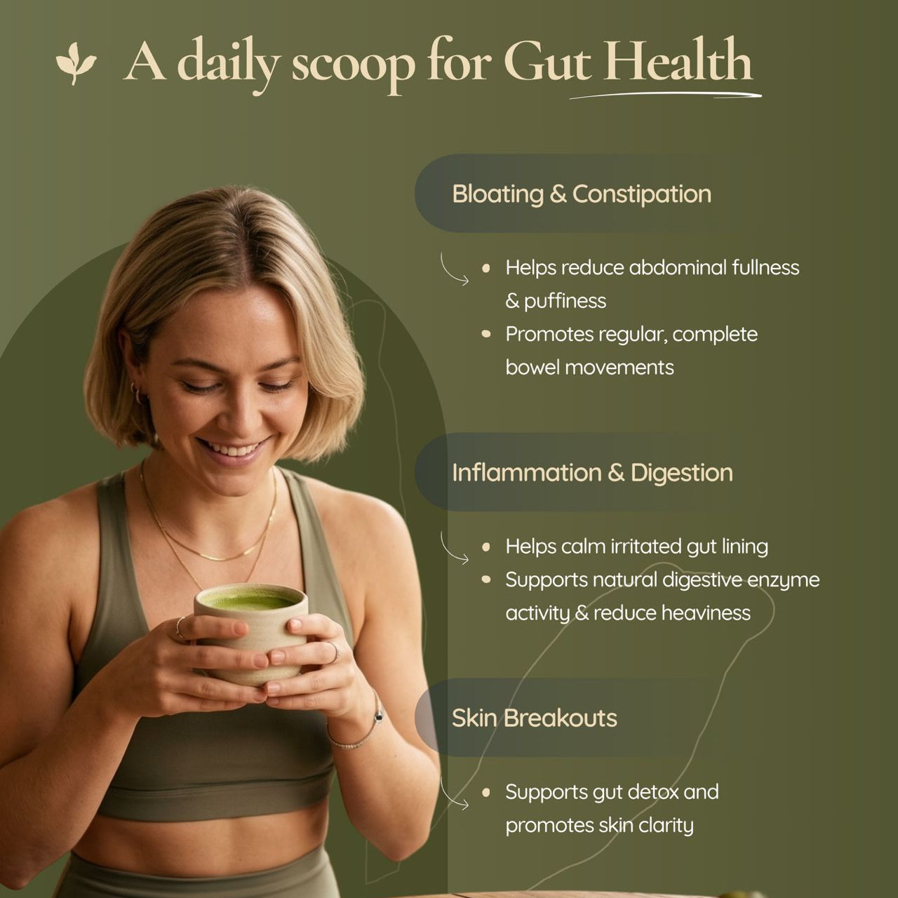 Woman holding a mug with text about gut health benefits on a green background